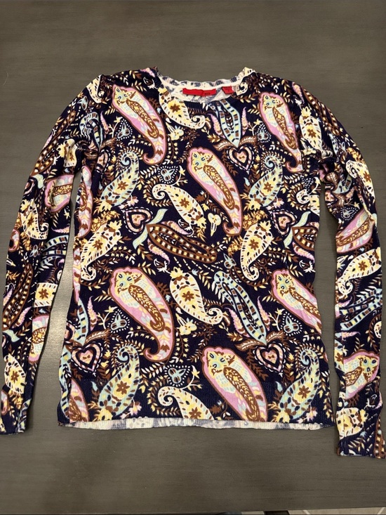 Red Sweaters - Red Paisley Print Long Sleeve Lightweight Sweater- Purple, Navy & Cream